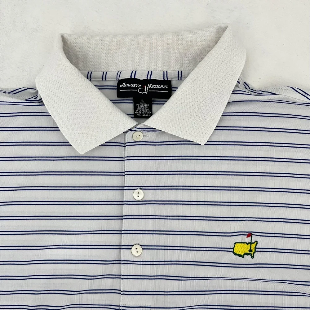 Augusta National Mens Size L Golf Polo Shirt White Blue Striped Short Sleeve - Picture 2 of 7